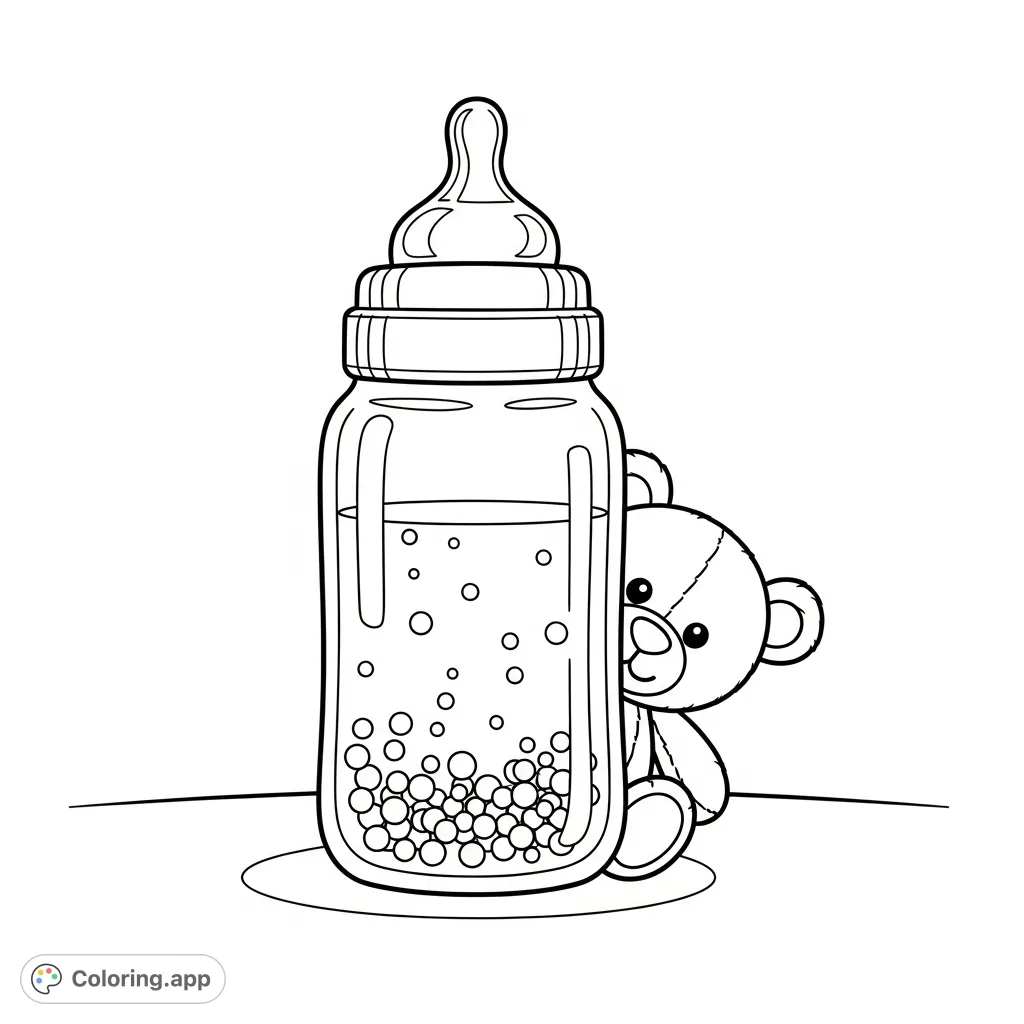 A charming baby bottle filled with milk, featuring a friendly teddy bear peeking from behind. An adorable, easy-to-color scene for little ones.