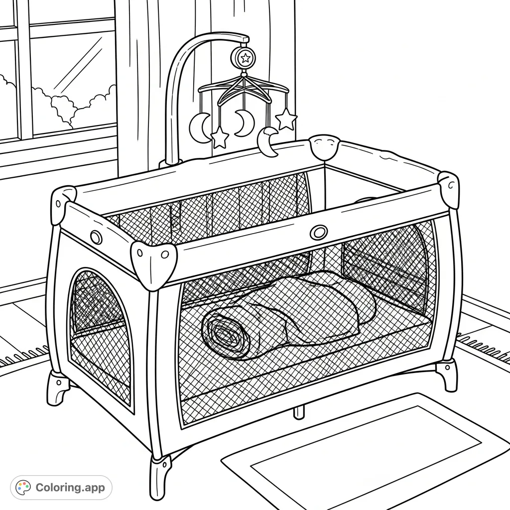 A charming nursery scene featuring an open portable crib, a star and moon mobile, and a soft blanket, perfect for peaceful coloring moments.