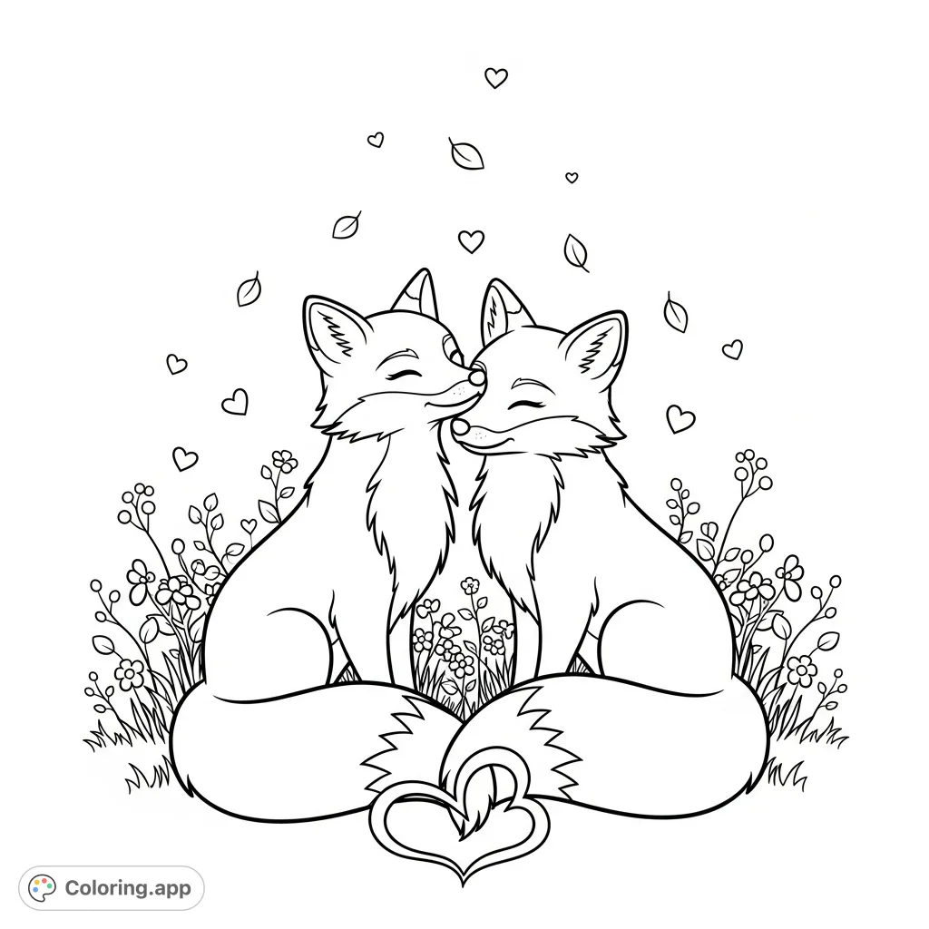 An endearing scene of two foxes, nose to nose, with tails forming a heart amidst delicate wildflowers, surrounded by drifting leaves and tiny hearts. A delightful visual.