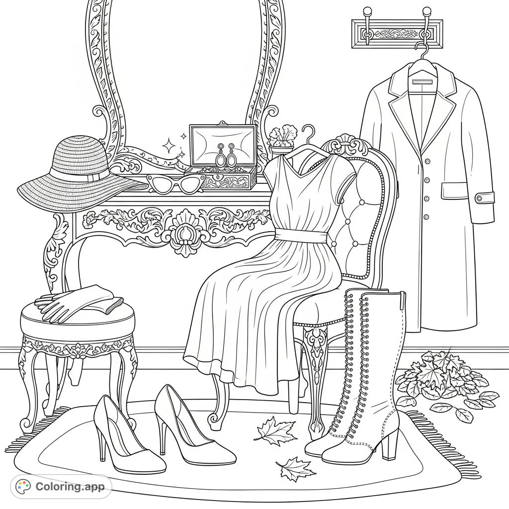 Discover an opulent dressing table laden with women's summer attire, including a midi dress, wide-brimmed hat, sparkling jewelry, and elegant shoes.