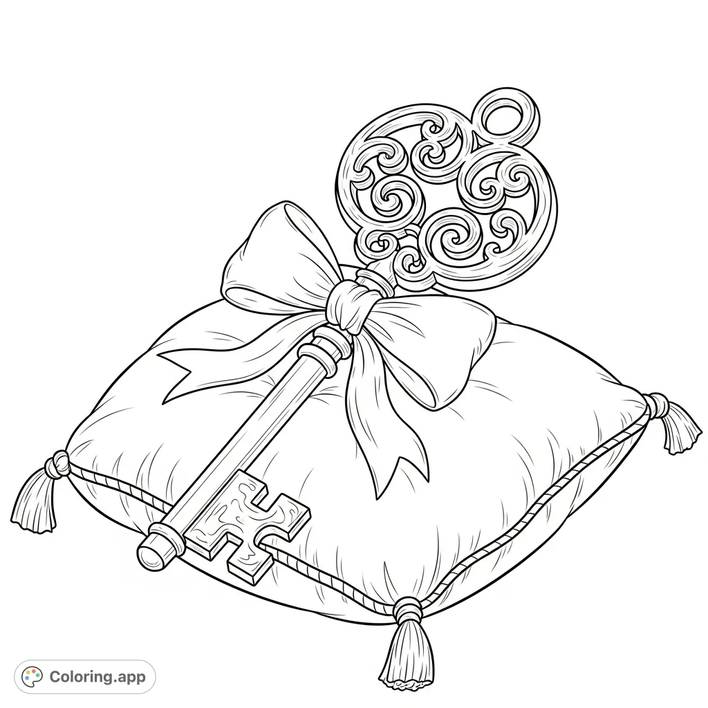 Discover an ornate vintage skeleton key, adorned with intricate scrollwork and a delicate satin ribbon, resting on a luxurious velvet cushion. A detailed free printable coloring page.