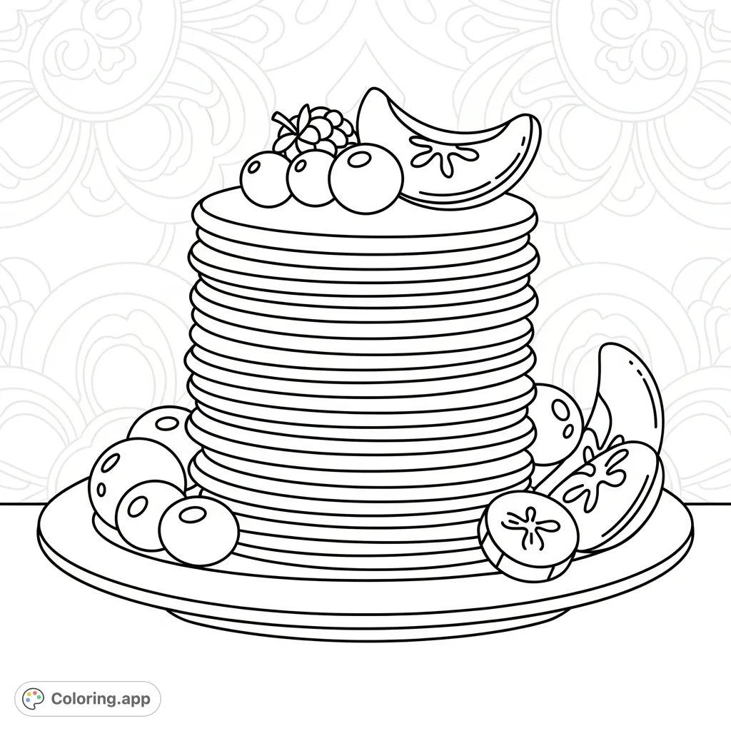 A cute, simple illustration of stacked pancakes and fresh fruit on a plate, featuring bold outlines and large coloring areas, perfect for easy coloring.