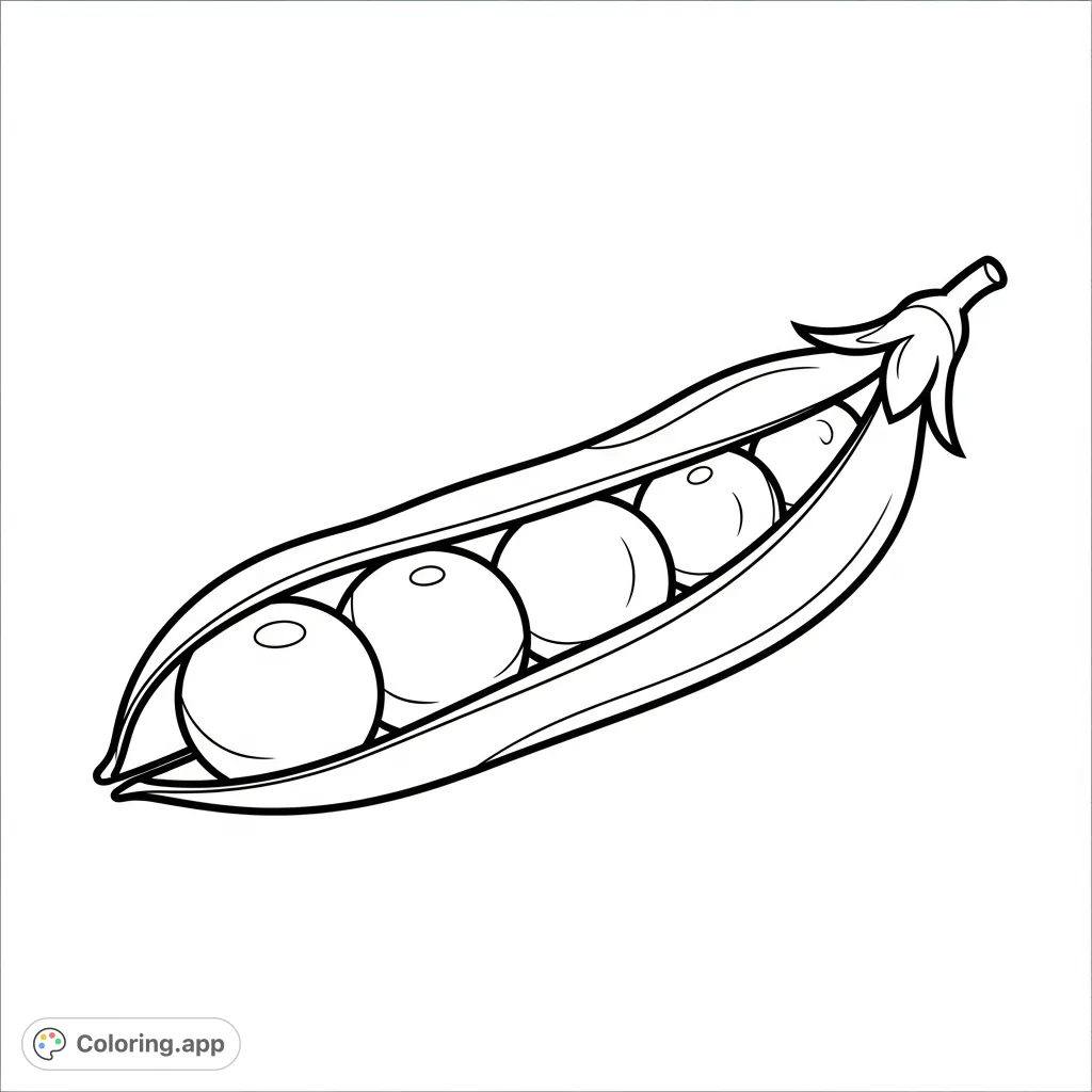 A delightful pea pod coloring page, featuring two plump peas nestled inside. Simple, charming, and perfect for mindful coloring or teaching about nature and healthy food.