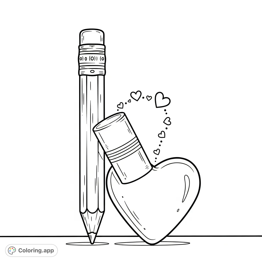A charming scene featuring a classic pencil and a heart-shaped eraser, connected by a whimsical trail of tiny hearts. Perfect for expressing affection and creativity.