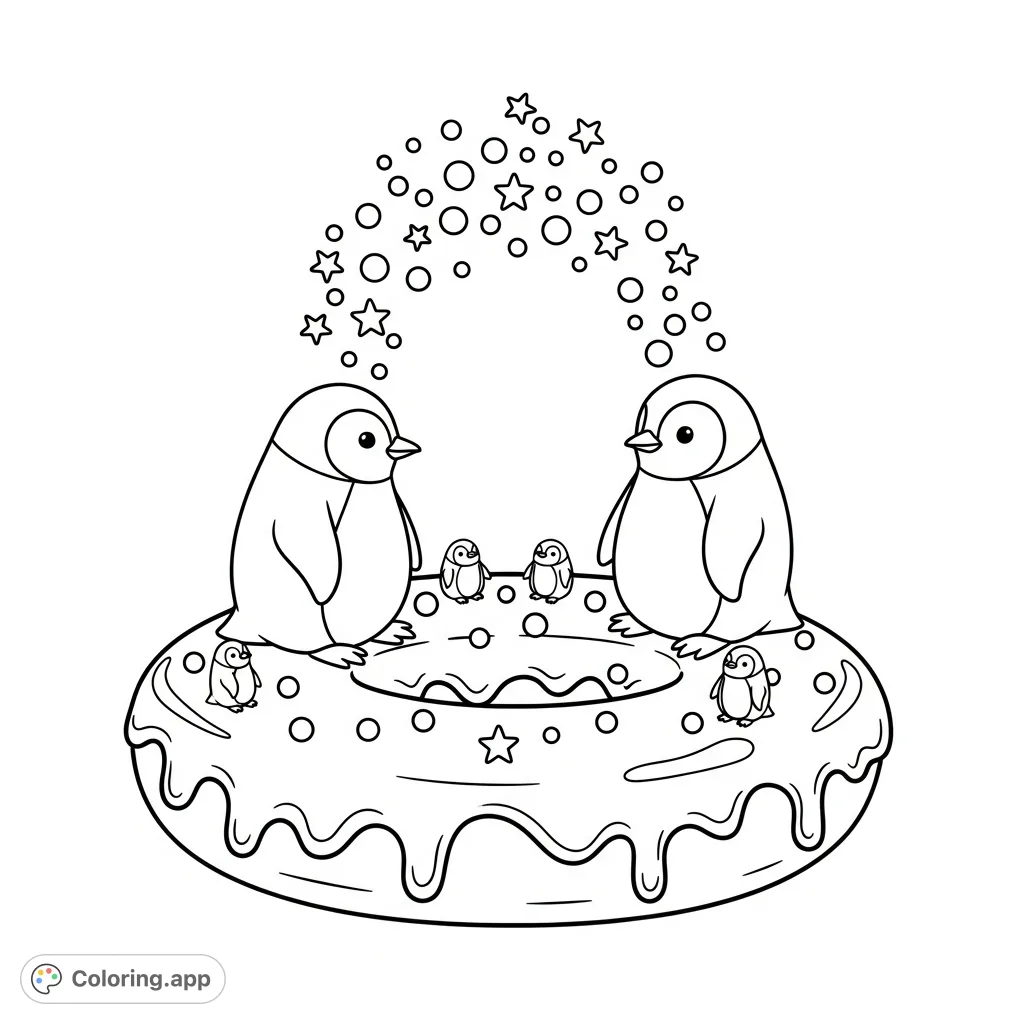 Two plump penguins and their miniature companions playfully balance on a frosted, sprinkle-laden donut, offering a delightful and charming coloring scene.