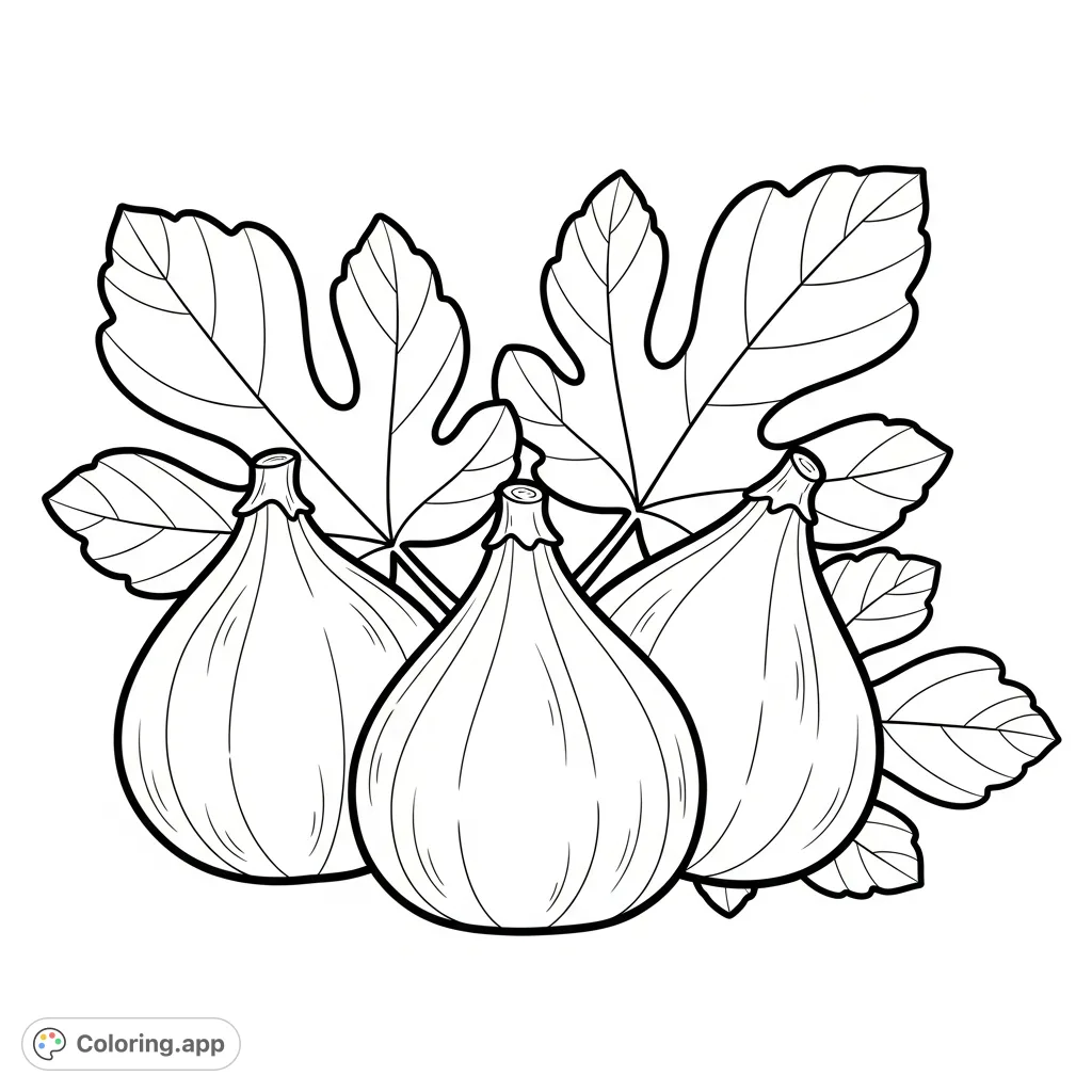 Discover a simple yet charming figs coloring page. Featuring plump figs and broad leaves, it offers a delightful and relaxing coloring experience for all ages.