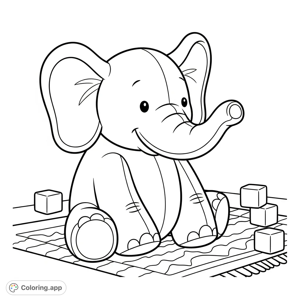 A charming plush elephant toy with floppy ears and a gentle smile sits on a patterned rug, surrounded by building blocks, perfect for a cozy coloring adventure.
