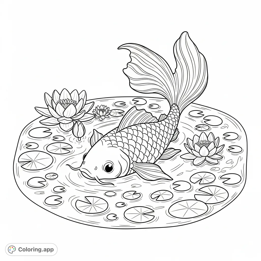Discover a serene Pond Fish coloring page featuring a plump fish gracefully swimming among delicate water lilies and broad lily pads. A peaceful aquatic scene awaits your creative touch.
