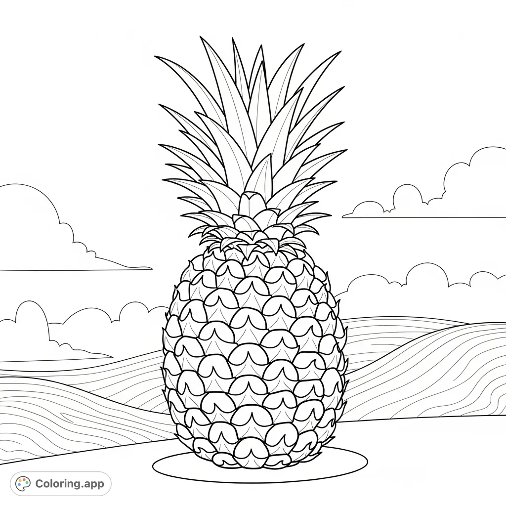 A grand pineapple with intricate scales and a spiky crown stands against a charming, simplified background, perfect for a vibrant coloring adventure.