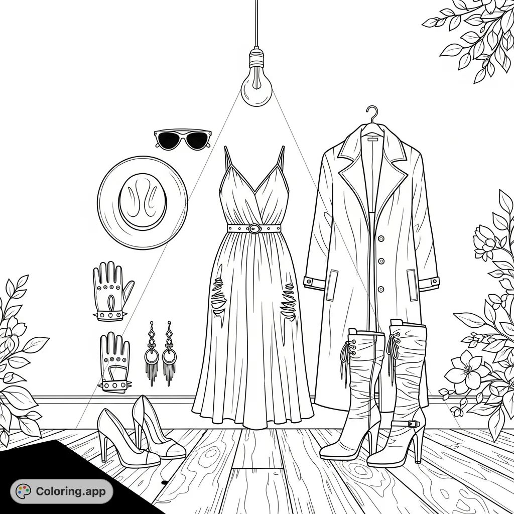 Explore a unique Punk Style fashion coloring page featuring a summer outfit collection laid out on a distressed floor, perfect for creative expression.