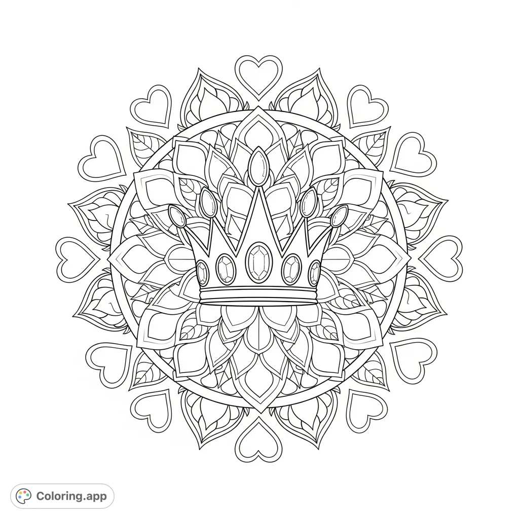 Color a majestic crown surrounded by intricate floral patterns and symmetrical heart shapes. A detailed design for creative expression.