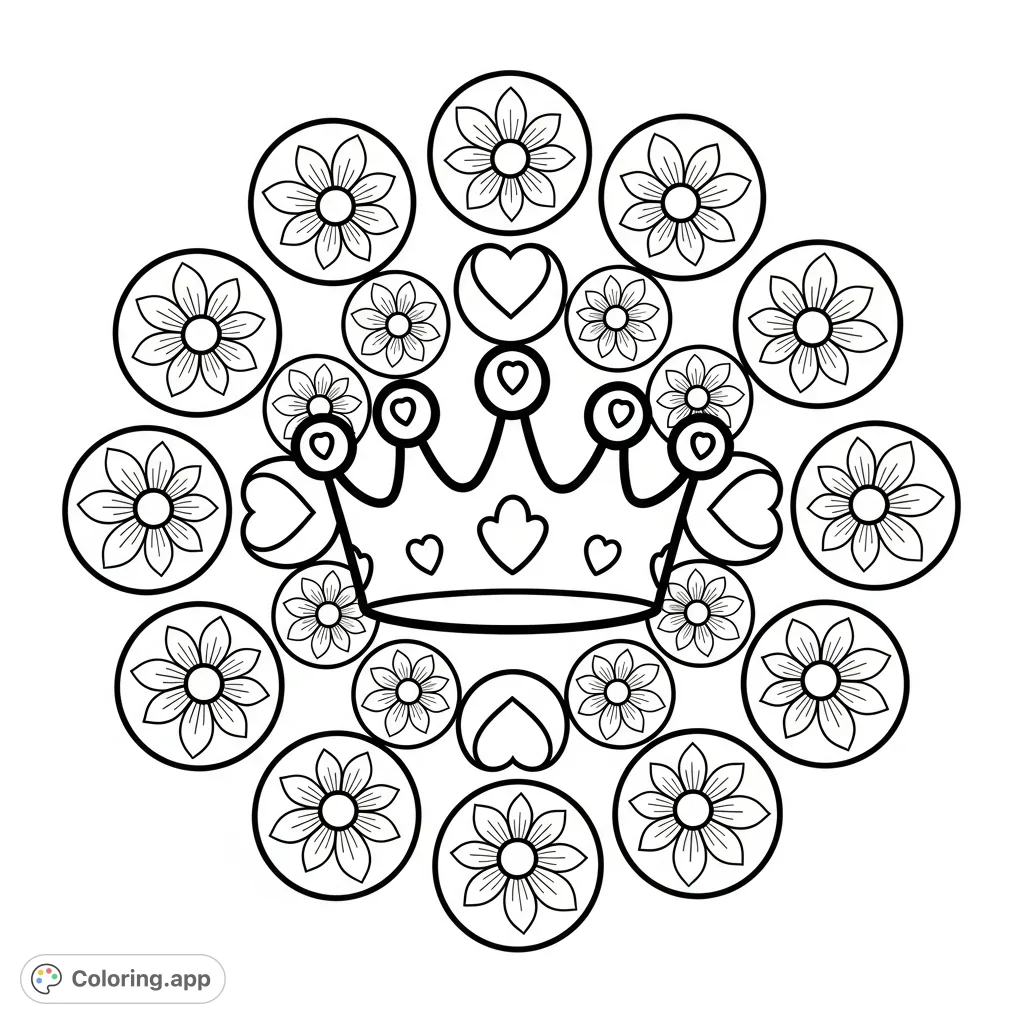 Discover a majestic crown adorned with jewels and intricate scrollwork, surrounded by a symmetrical pattern of petals, hearts, and stars.