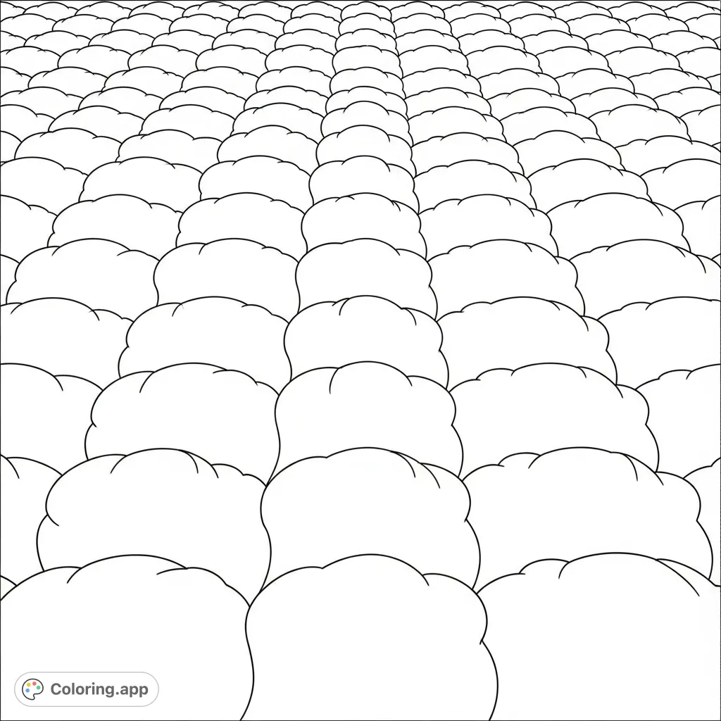 A calming coloring page featuring a repeating grid of soft, rounded cloud shapes, perfect for relaxation and exploring gentle gradients. Ideal for all ages.