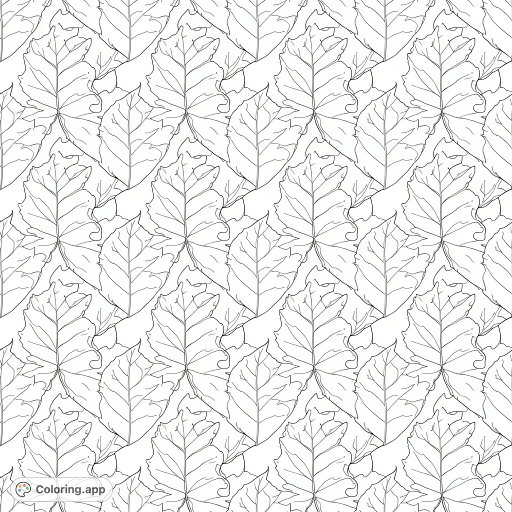 Discover a serene tree leaf pattern coloring page. Meticulously arranged leaves with intricate veins form a calming, continuous botanical grid. Perfect for mindful coloring.