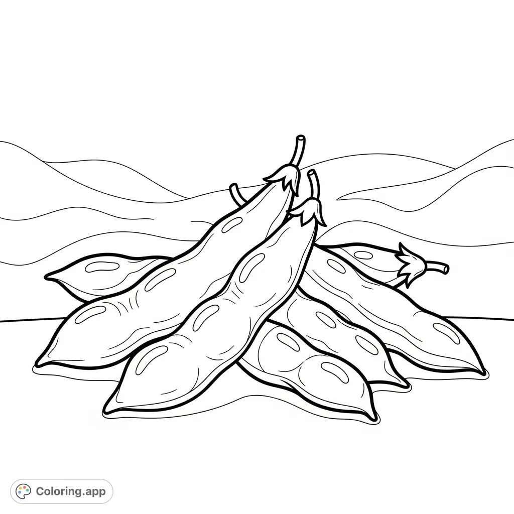 An easy bean pods coloring page featuring broadly shaped pods arranged on a flat surface with a calming wavy background. Perfect for relaxed coloring.