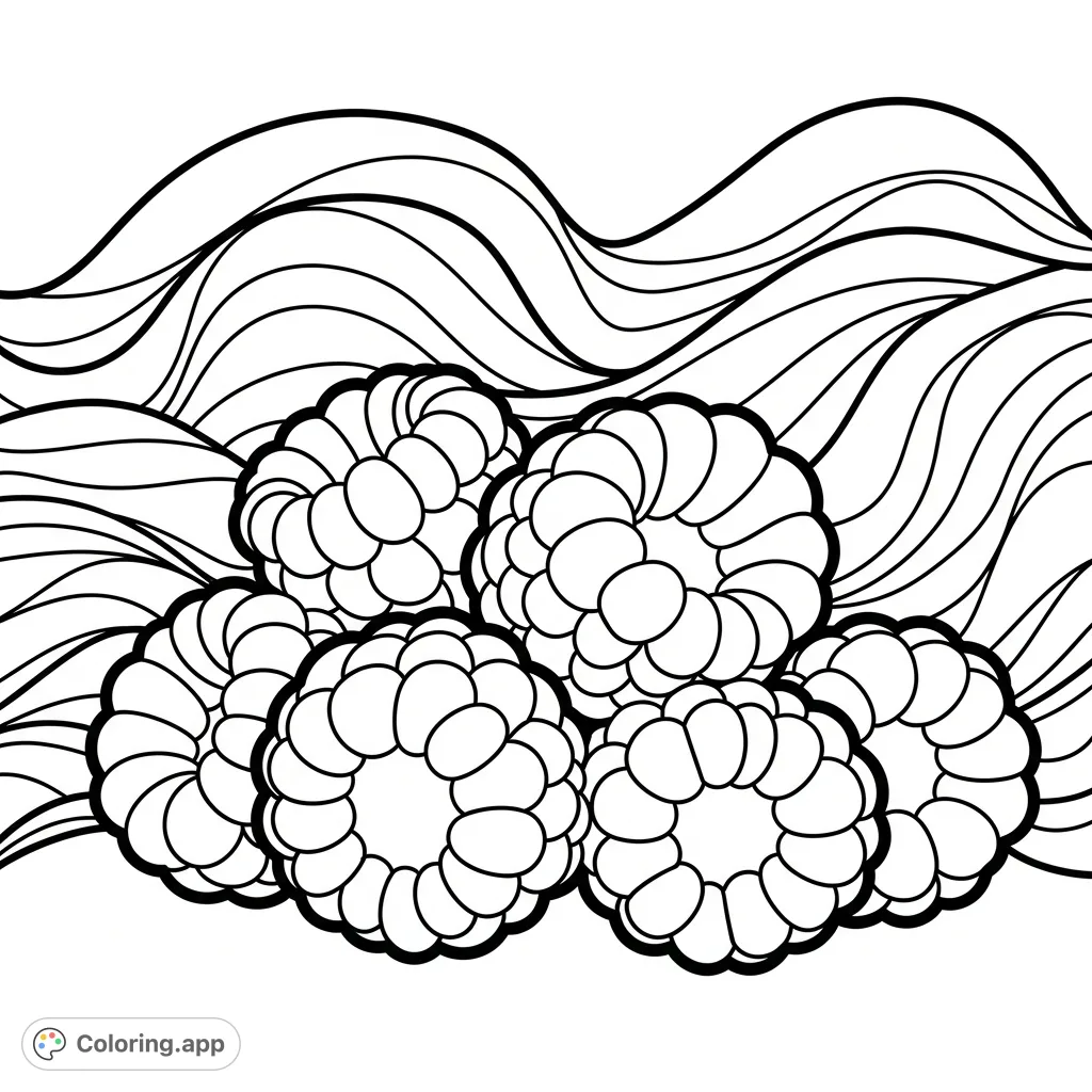 A delightful simple raspberries coloring page with extra thick outlines and a flowing wavy background. Perfect for quick, relaxing coloring.