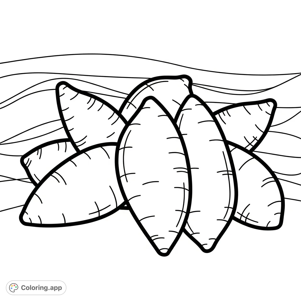 Discover a delightful sweet potatoes coloring page! Features simple, rounded sweet potatoes with thick outlines against a beautiful wavy background. Perfect for relaxation.