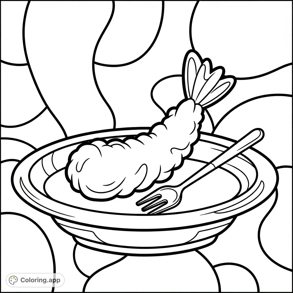 A delightfully simple illustration featuring a plump tempura piece and a fork on a plate. Perfect for an easy coloring page.