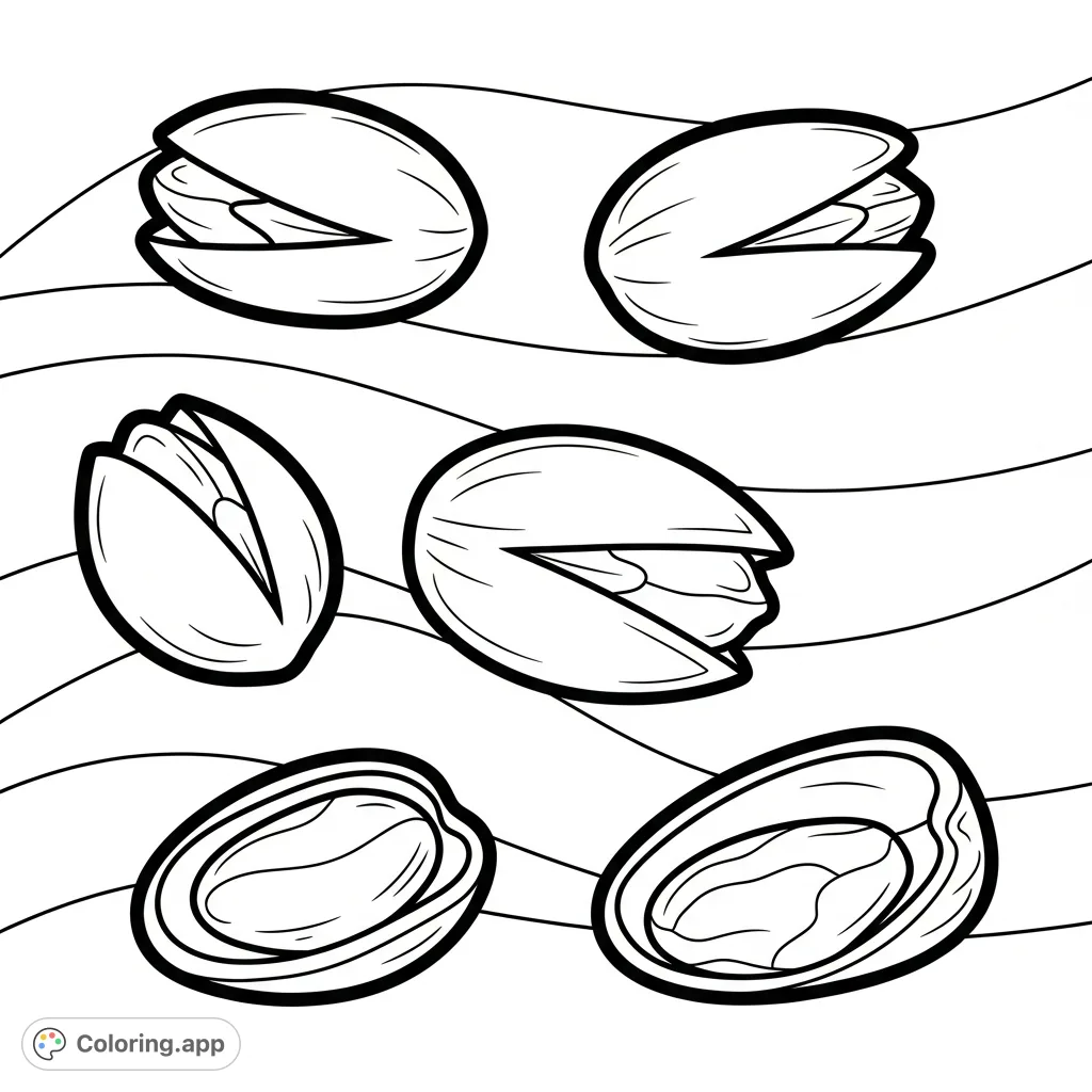Discover a delightful pistachio coloring page featuring very simple nuts with extra thick outlines and a beautiful, gentle wavy background, perfect for a relaxing creative session.