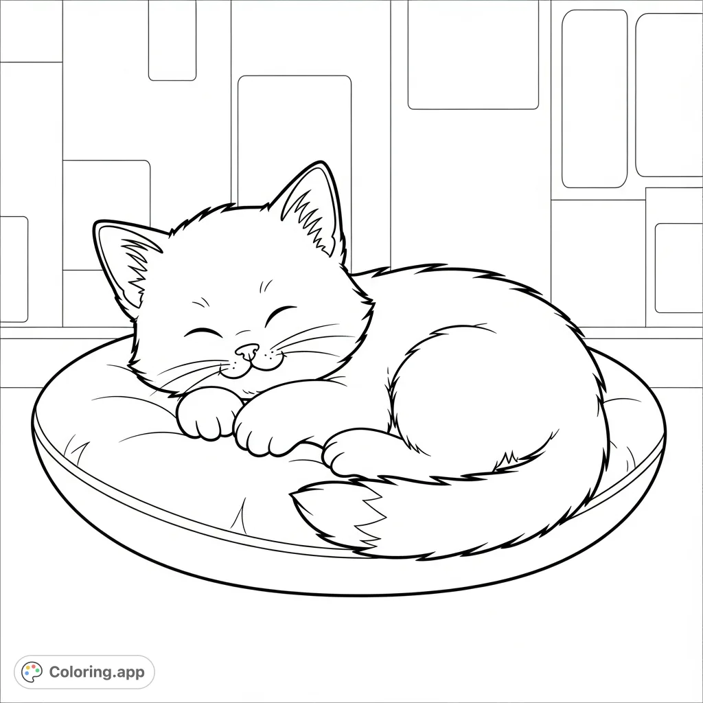 A heartwarming free printable coloring page featuring a fluffy baby kitten peacefully asleep on a soft pillow, perfect for a serene and cute moment.