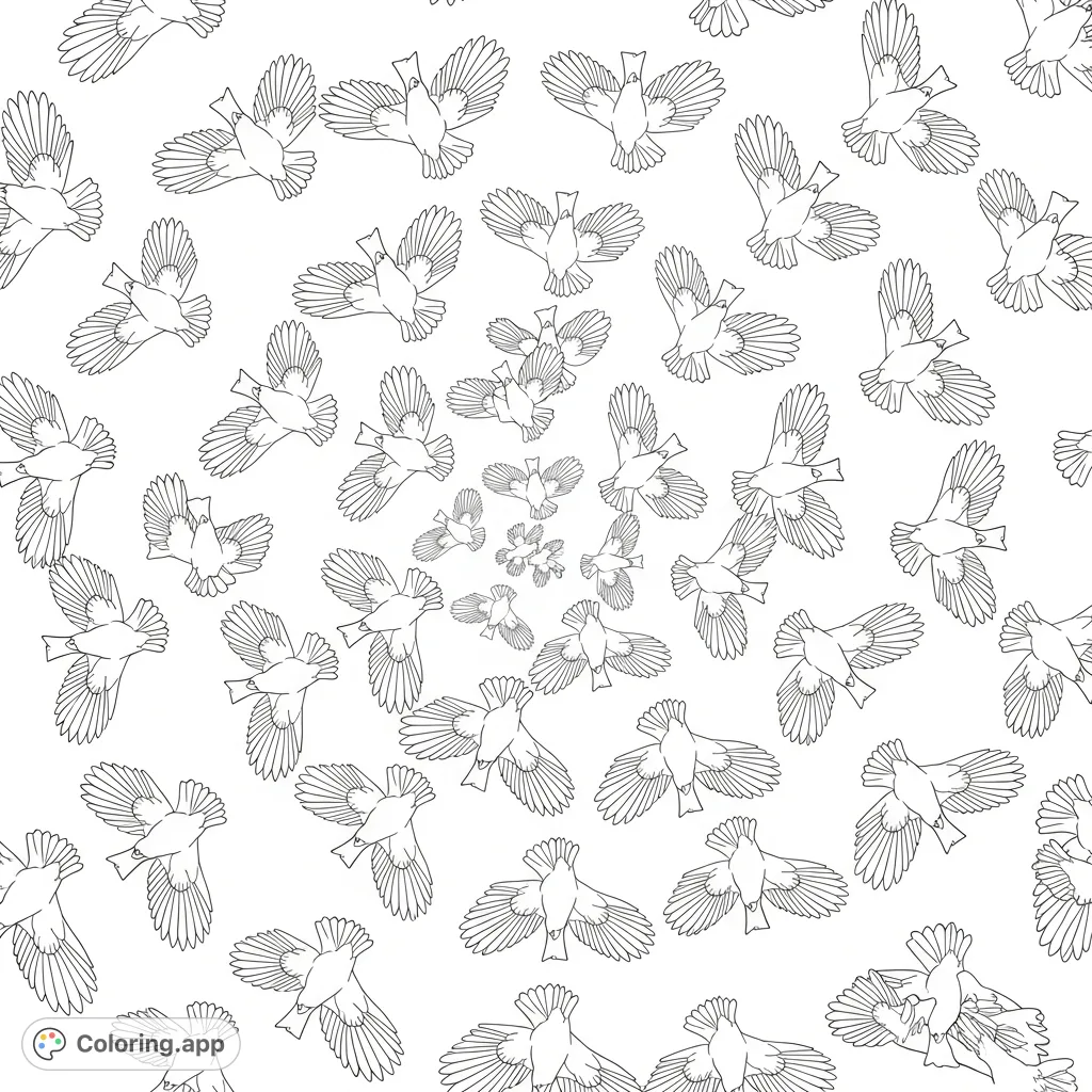 Discover a mesmerizing aerial birds coloring page featuring a flock of tiny, identical birds soaring in a dynamic, swirling spiral formation across a vast sky.