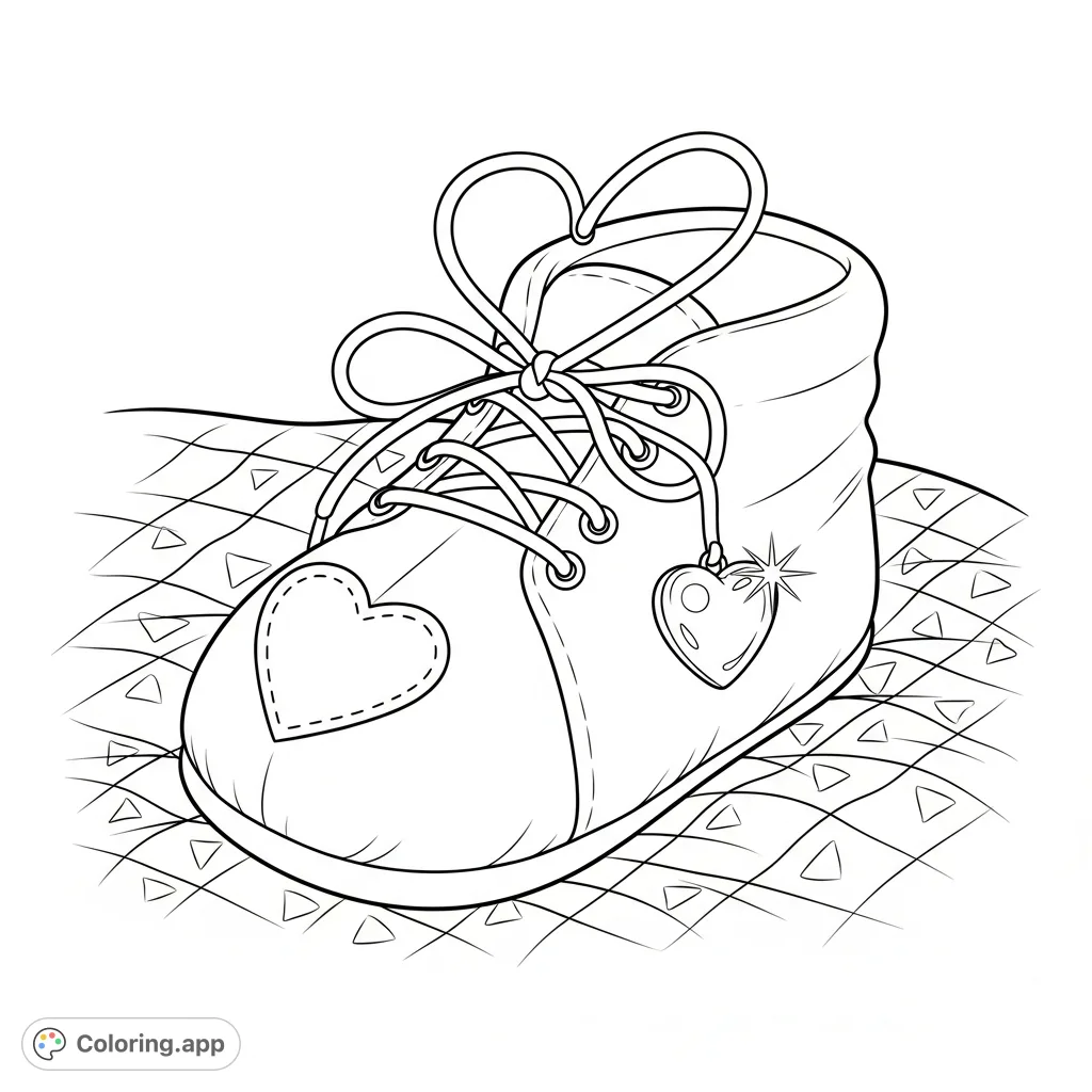 A charming baby shoe adorned with heart details and resting on a patterned blanket. A sweet and serene image perfect for baby-themed coloring pages.