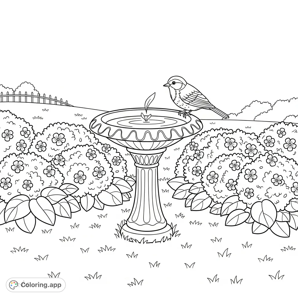 A serene garden scene featuring a small birdbath, a tiny songbird perched on its rim, and lush flower bushes. A tranquil moment for nature lovers.