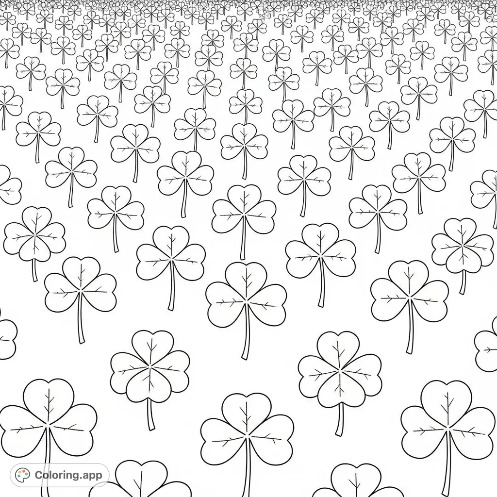 Explore a serene pattern of identical three-lobed clover leaves arranged in a precise grid, offering a calming and repetitive design perfect for mindful coloring.