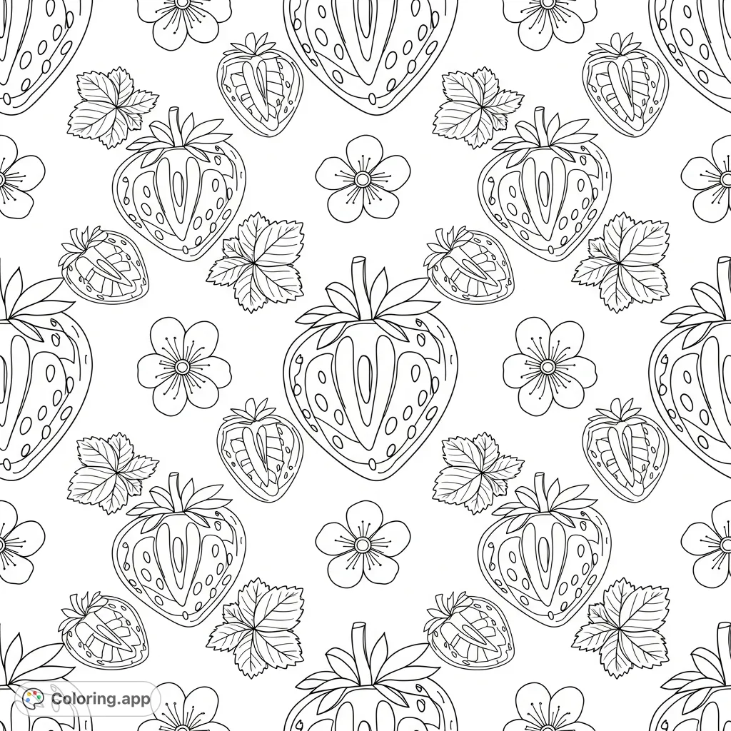 A delightful strawberry coloring page featuring a seamless repeating pattern of stylized strawberries, leaves, and blossoms. Perfect for stress relief and joyful coloring.