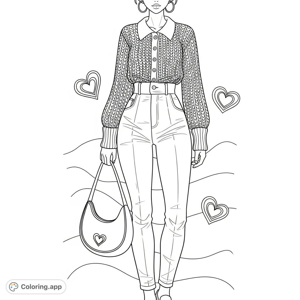 A chic figure in a patterned cardigan and high-waisted trousers holds a stylish crescent handbag. Perfect for fashion enthusiasts to explore textures and design.