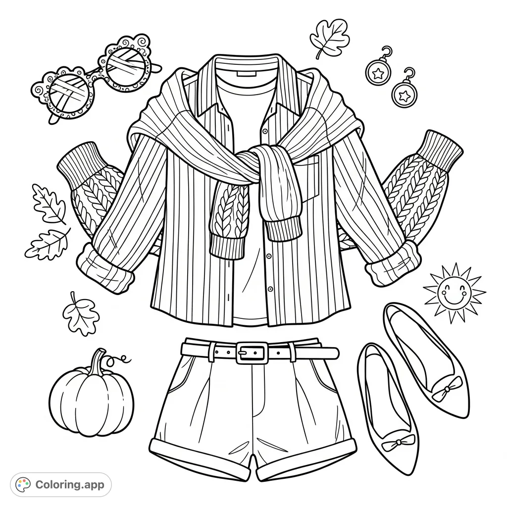 Discover a chic casual outfit laid flat, featuring a striped shirt, knitted sweater, pleated shorts, and accessories. Perfect for fashion enthusiasts!