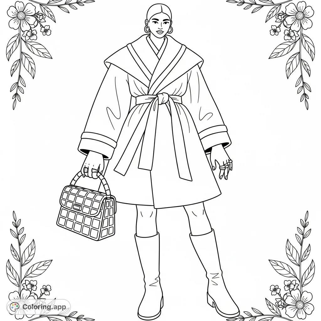 A fashionable figure with a Korean aesthetic, wearing a cinched coat and tall boots, captured in a dynamic pose. Features a textured bag and detailed rings.