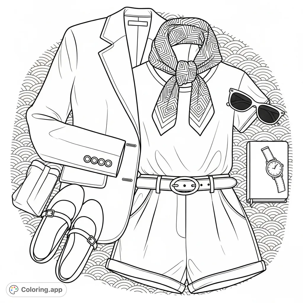 Discover a chic flat lay outfit coloring page featuring a blazer, shorts, and accessories. Perfect for fashion enthusiasts to personalize with their unique style.