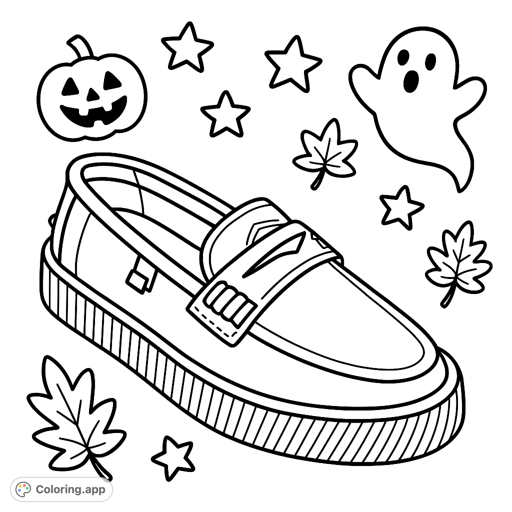 Color this stylish loafer shoe with a textured sole and unique details. A fun fashion coloring page for all ages, perfect for creative expression.