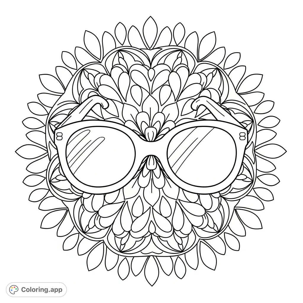 Discover a free printable stylish sunglasses coloring page, featuring oversized frames surrounded by an intricate, symmetrical floral-inspired pattern. Perfect for fashionistas!