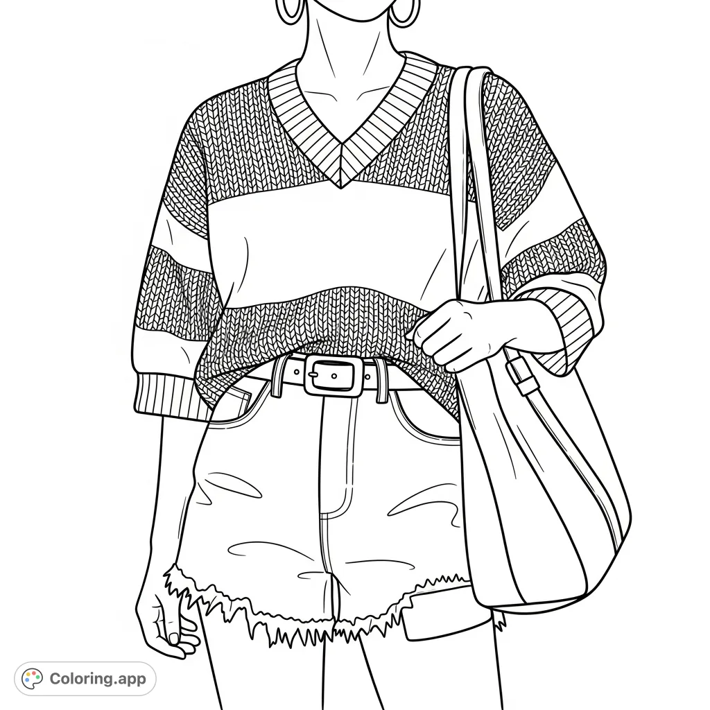 A trendy fashion coloring page featuring a V-neck striped sweater, denim shorts with frayed hems, a belt, and a structured tote bag. Perfect for fashion enthusiasts.