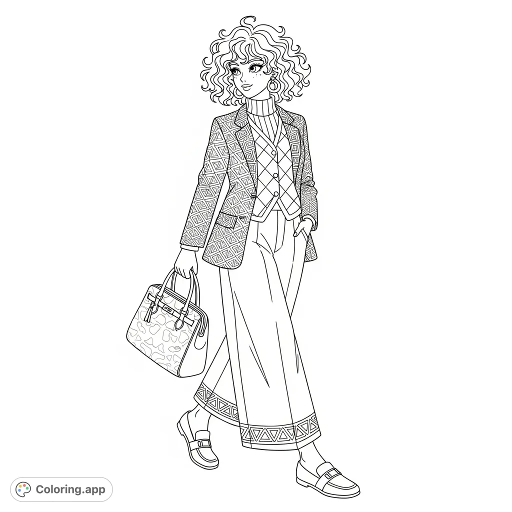 A stylish figure with voluminous curly hair, wearing a patterned blazer, quilted vest, and wide-leg trousers, walks dynamically, holding a textured handbag.