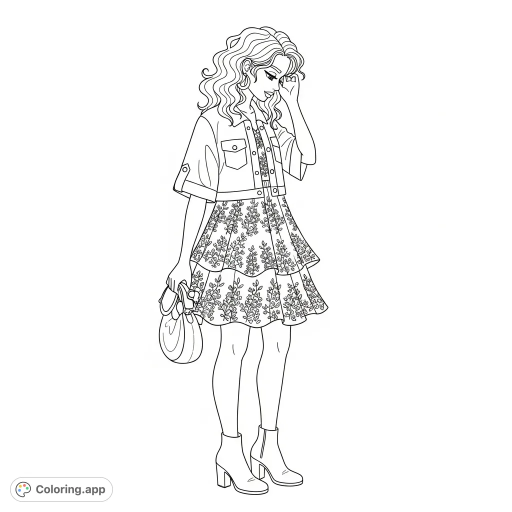 Unleash your creativity with this stylized fashion coloring page featuring a young woman in a chic jacket, patterned dress, and whimsical geometric backdrop.