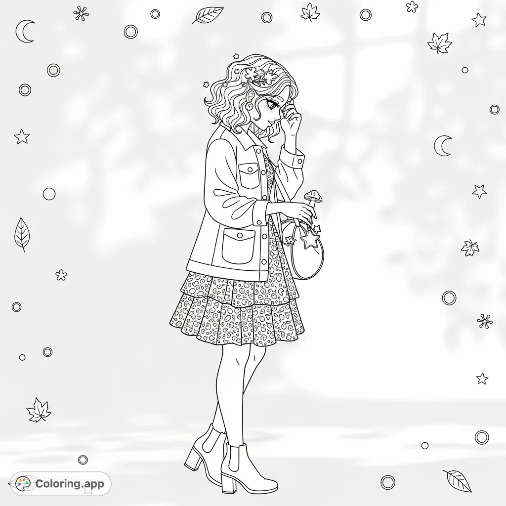 Capture the elegance of a stylized young woman in a fashionable jacket and intricately patterned dress, set against a whimsical geometric background.