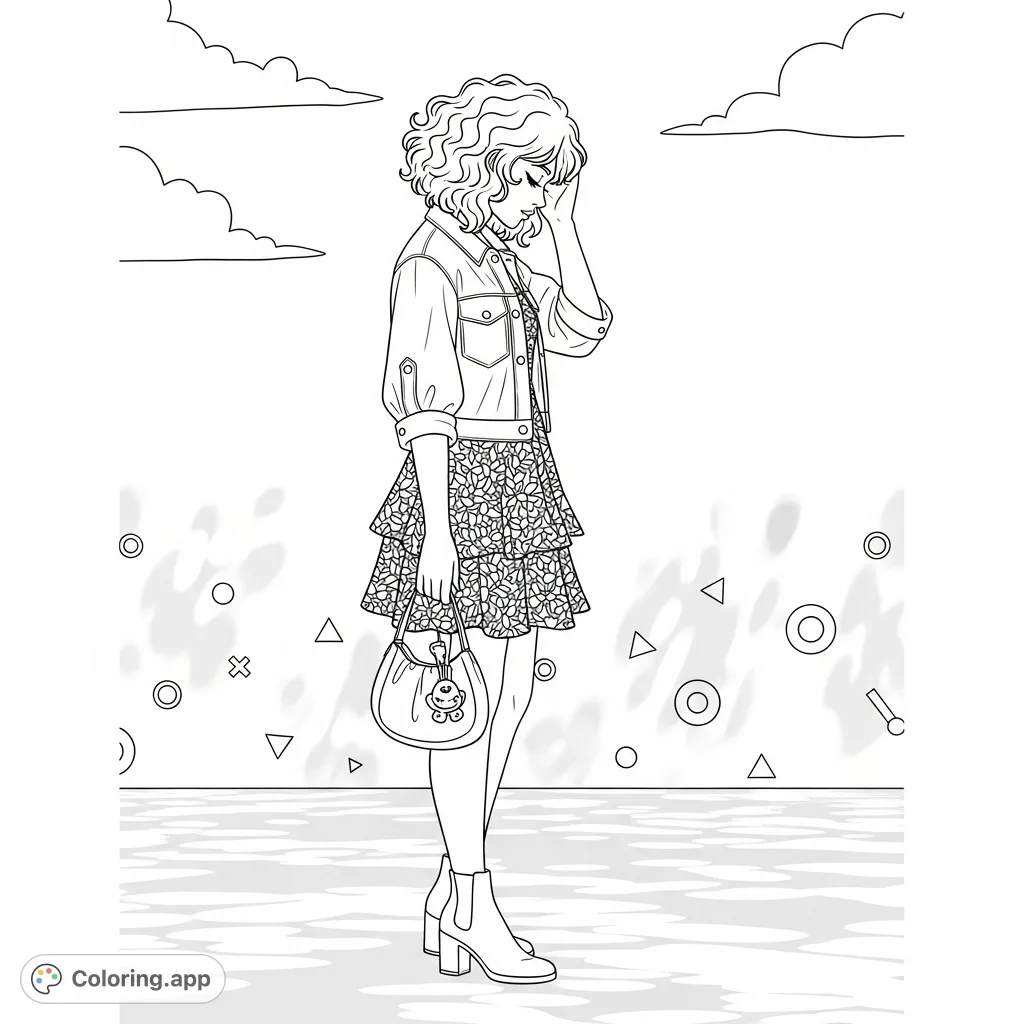 A captivating fashion illustration of a young woman in a tiered floral dress and jacket, set against a background of whimsical geometric patterns. Perfect for creative expression.