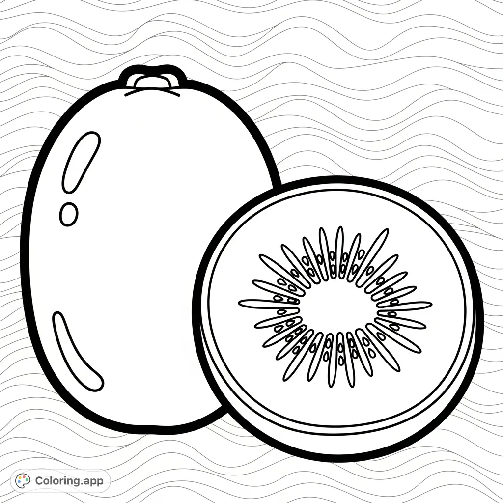 Explore a stylized kiwi fruit, whole and in cross-section, featuring bold outlines and radiating seed patterns. A simple, appealing design against a wavy background.