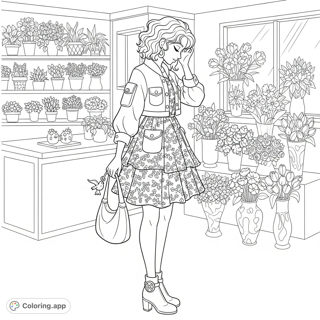 A captivating stylized young woman in a detailed floral dress stands pensively in a charming flower store, perfect for a challenging and artistic coloring page.