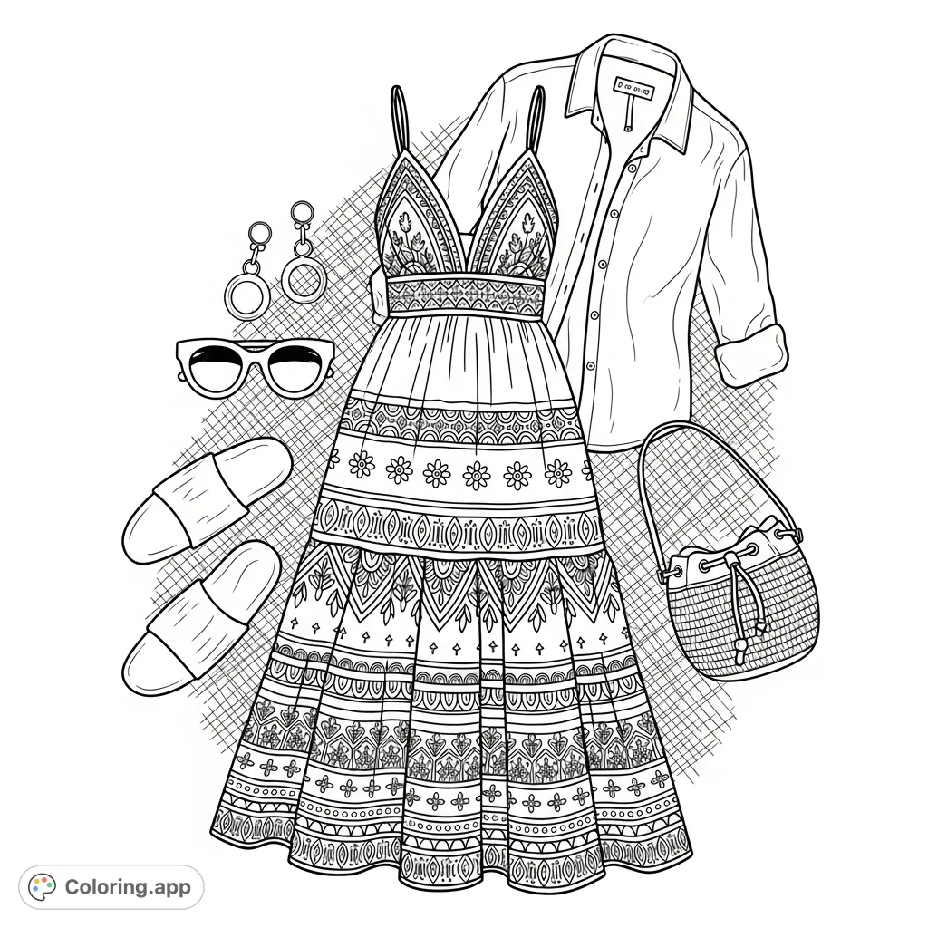 A stylish summer outfit featuring a tiered maxi dress with intricate patterns, a draped shirt, sandals, a straw bag, sunglasses, and hoop earrings, ready for your creative touch.