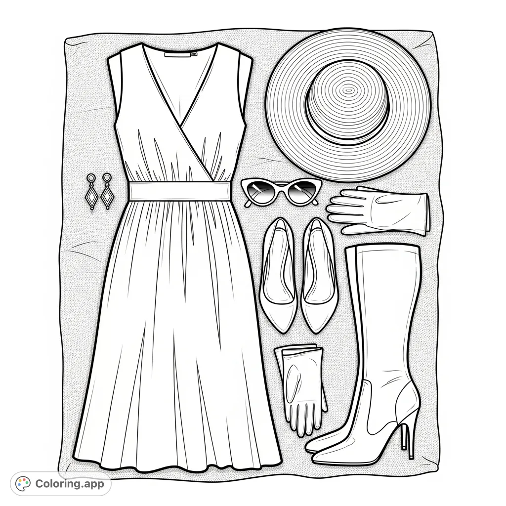 A chic women's summer outfit, featuring a folded midi dress, wide-brimmed hat, sunglasses, high heels, boots, gloves, and earrings, arranged for a stylish escape.