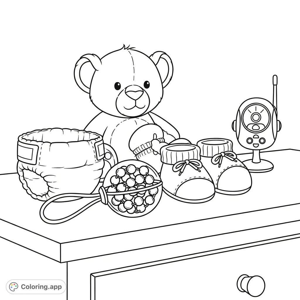 A charming baby essentials coloring page featuring soft mittens, booties, a diaper, a cuddly lion cub, rattle, and monitor on a dresser. Perfect for new parents!