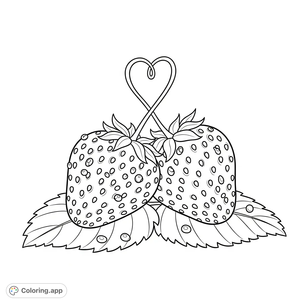 Two plump strawberries lean on textured leaves, their stems forming a heart. Tiny dew drops sparkle on their dimpled surfaces in this tender scene.
