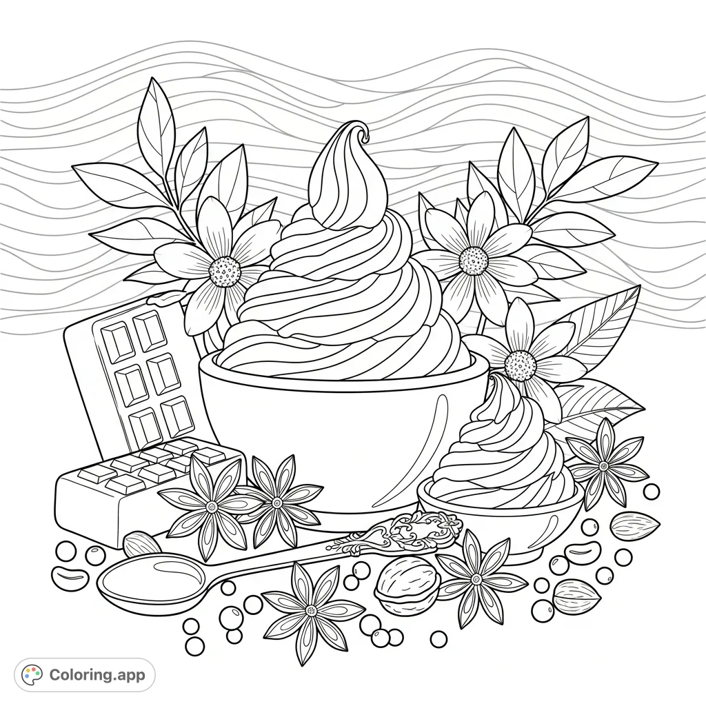 Indulge in a delightful sweet treats coloring page featuring a towering soft-serve, segmented confection bar, intricate flowers, and scattered delights.
