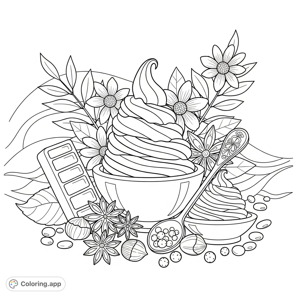 Indulge in a delightful dessert arrangement coloring page featuring a soft-serve confection, segmented bar, star anise, flowers, and intricate details.