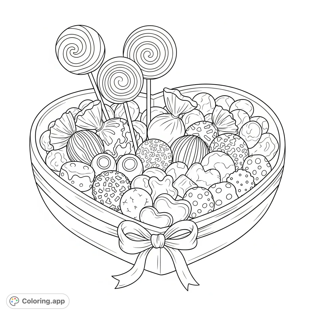 An inviting heart-shaped dish overflows with an assortment of delicious candies and chocolates, adorned with a delicate bow. A delightful sweet treat coloring page.
