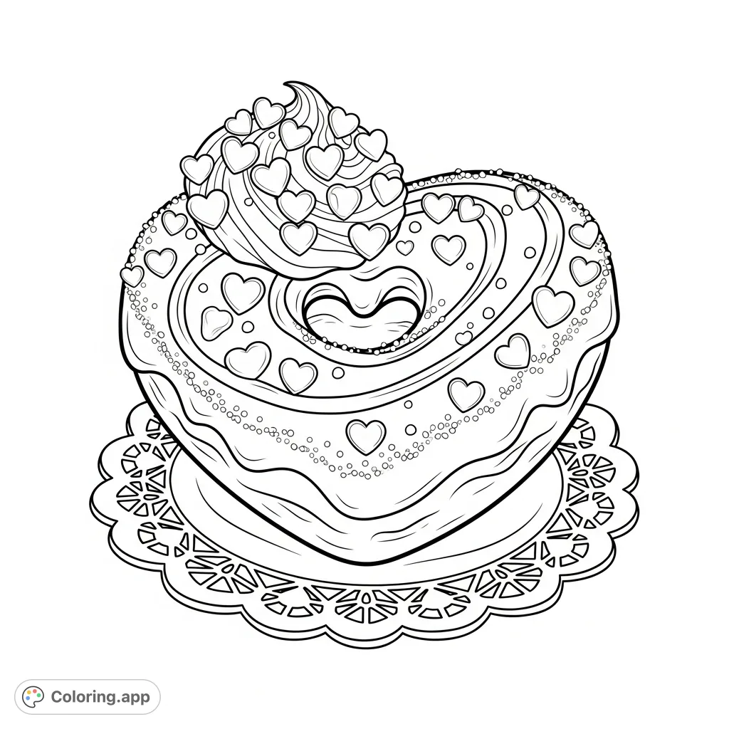 A delectable heart-shaped donut, generously topped with frosting and tiny sugar hearts, rests on a doily, awaiting your creative touch. Perfect for any sweet tooth!